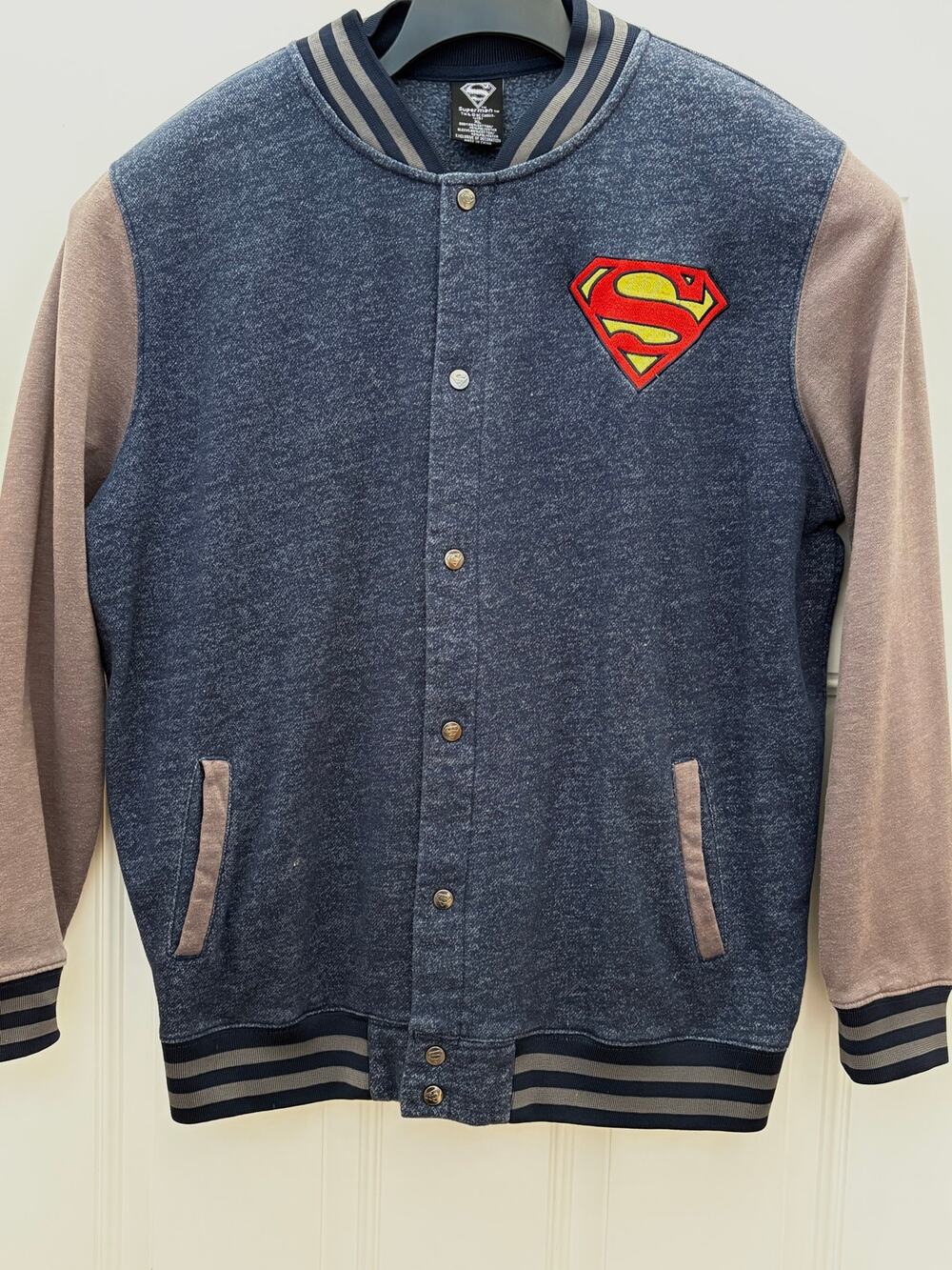 Superman DC Comics XL Varsity Jacket Snap Front Blue and Gray Embroidered Logo